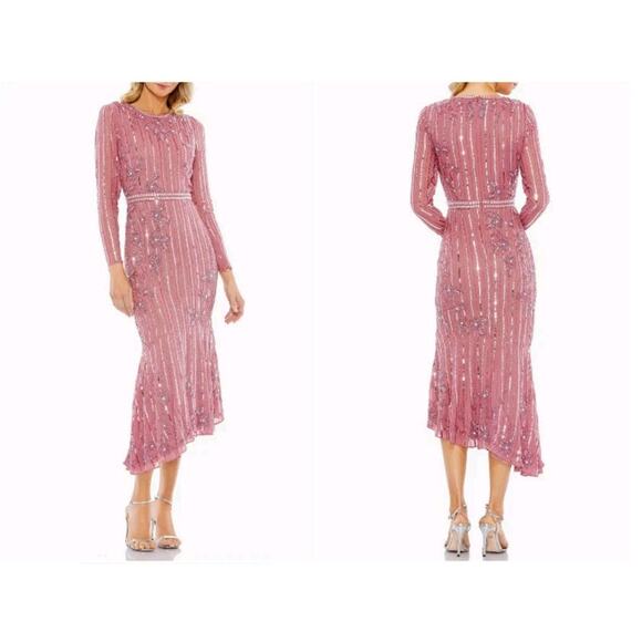 MAC DUGGAL Jewel Lined Neck Long Sleeve Tea Length Rosewood Floral Beaded Sz 12 - Picture 5 of 14